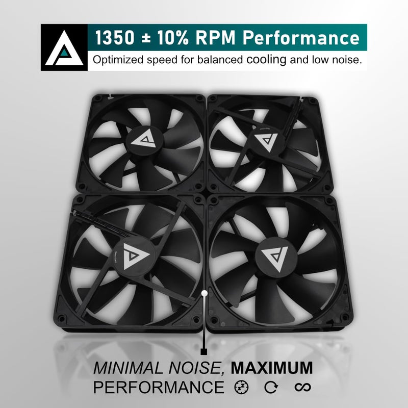 APEVIA مروحة صندوق الكمبيوتر الصامتة من أفيبيا 120 مم 2-pack - AF212S-BK، تدفق هواء عالي 57.67 CFM، ضوضاء منخفضة 24.7 dBA، موصل 4 دبابيس موصل مولكس و 3 دبابيس للوحة الأم، مراوح تبريد 1350 RPM - Image 4